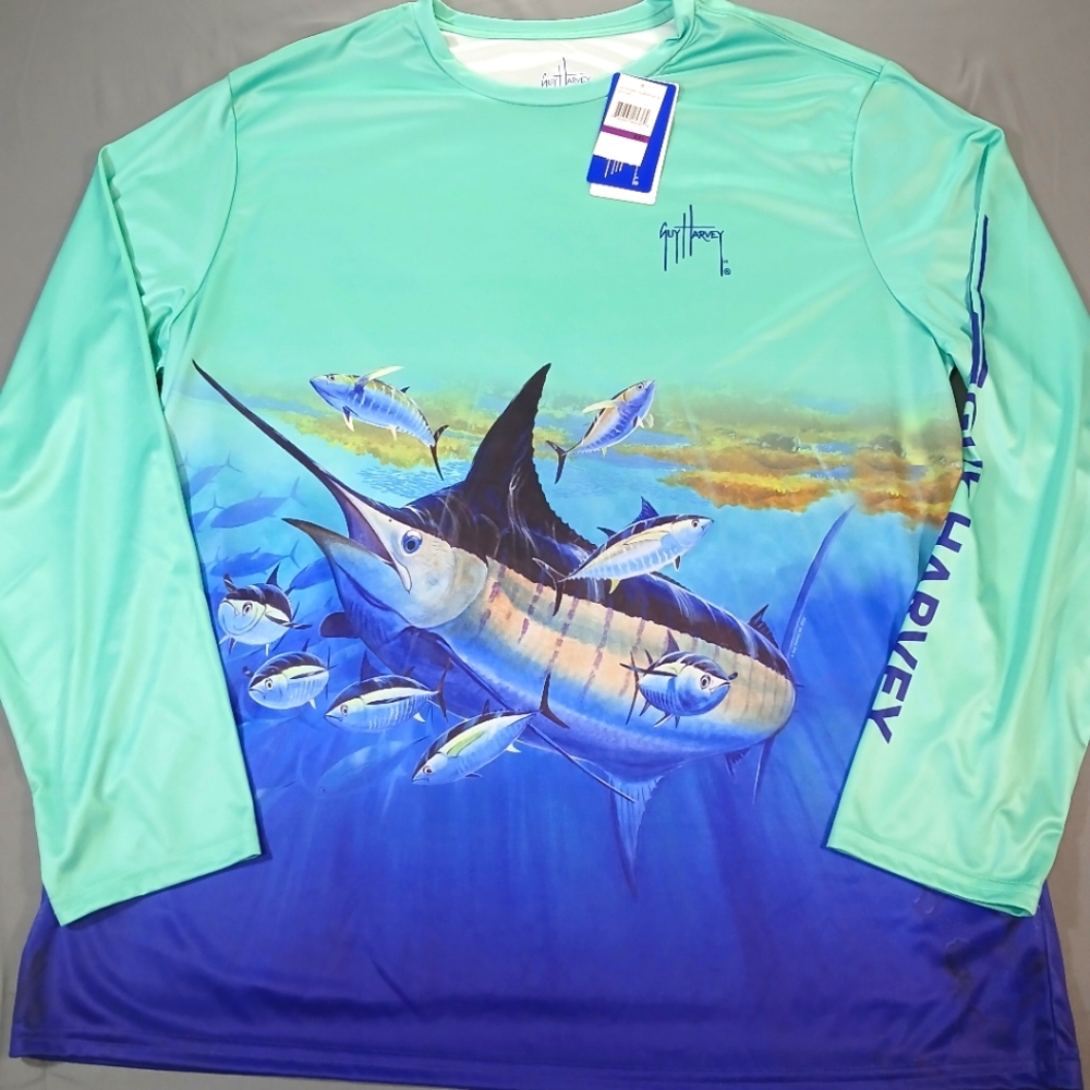 NWT! Guy Harvey long sleeve swimming/ fishing shirt UPF 30. Nautical XXL.